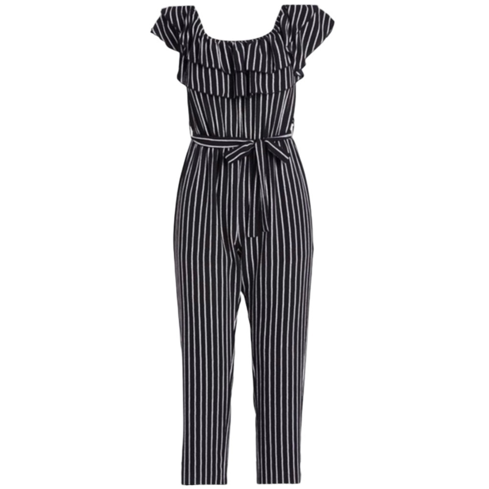 NWT Touch Express Jumpsuit Chic Black White Stripe Off Shoulder Jumpsuit M L XL